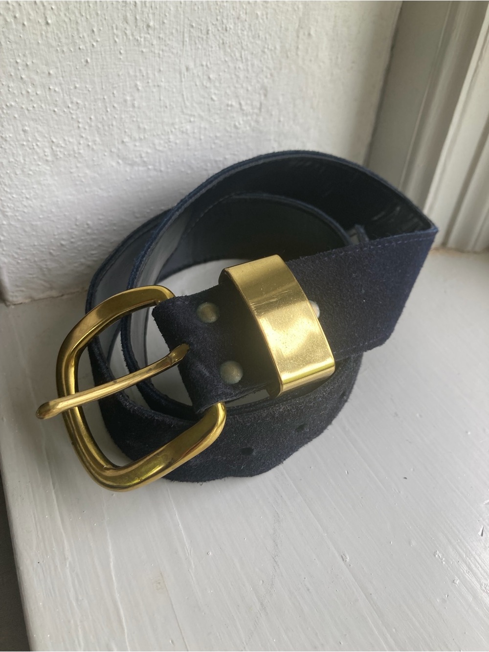Suede Navy Belt with Gold Hardware
